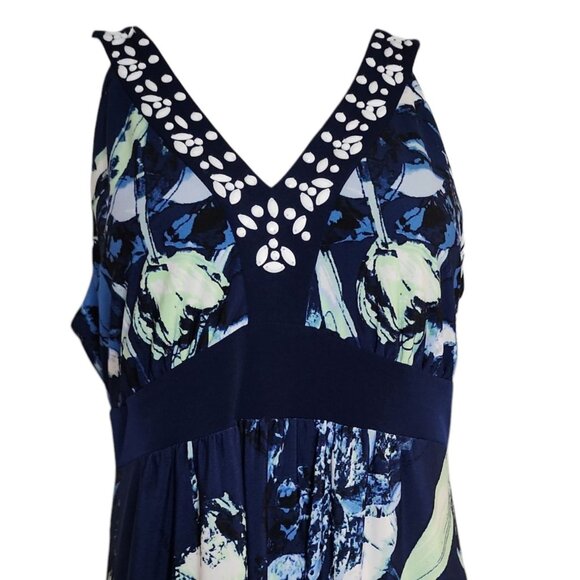 Style & Co Dress Womens Size XL Blue Green Floral Beaded Maxi Long Hawaiian Cute - Picture 2 of 5